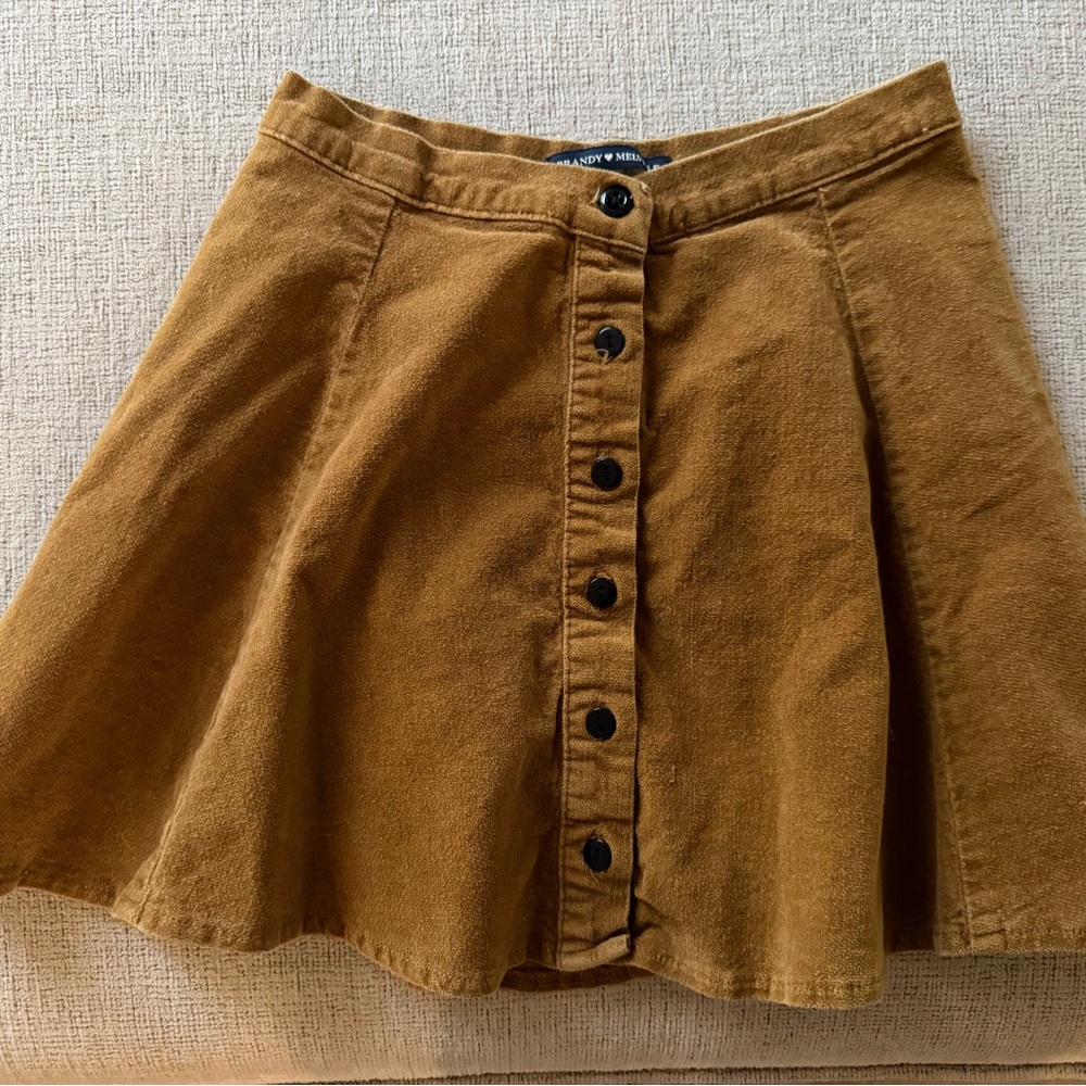 Brandy Melville Button-Front Corduroy Skater Skirt in Mustard Brown